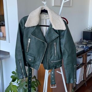 Vegan leather shearling Moto crop jacket